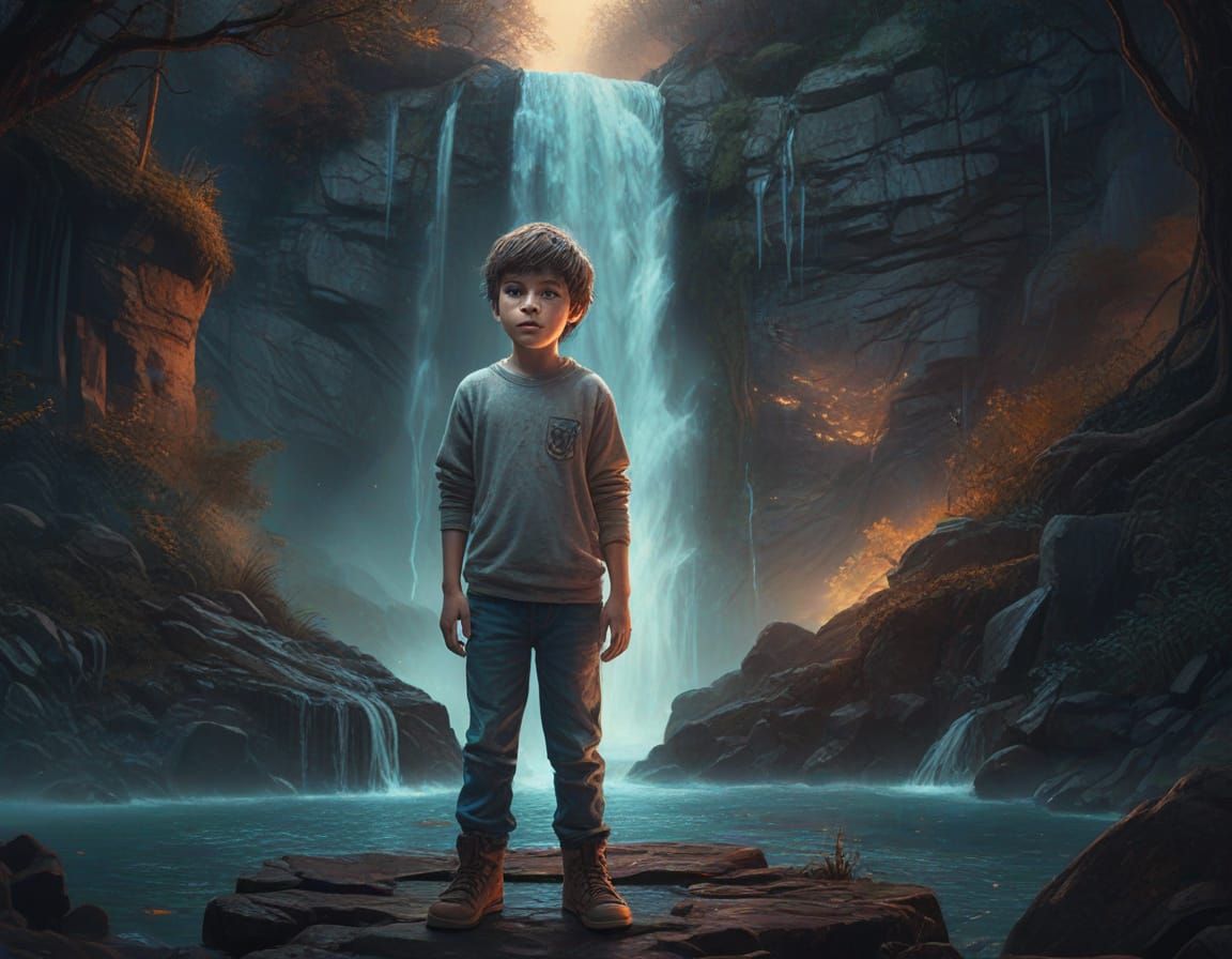 Ethereal Waterfall Scene with Boy in Cosmic Naive Art