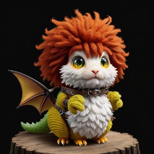 Cute Fluffy Knitted Dragon with Chibi Eyes