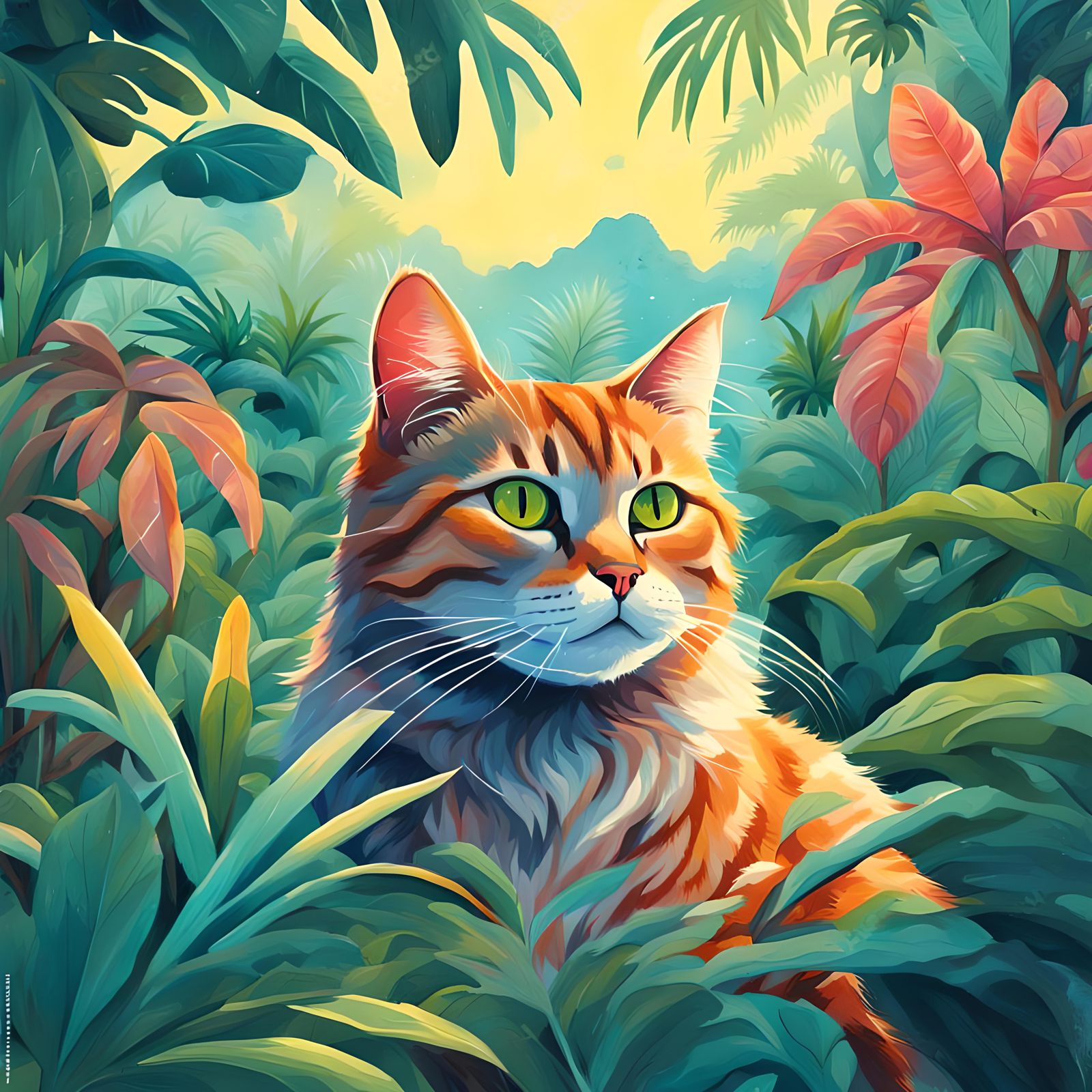 Fluffy Tabby Cat in a Tropical Jungle Illustration