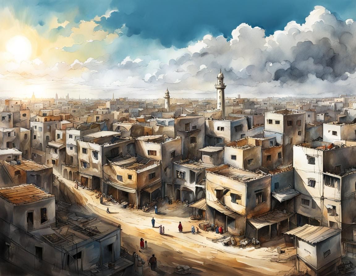 Rebuilt Gaza City: Panoramic Splash Art in Aquarelle