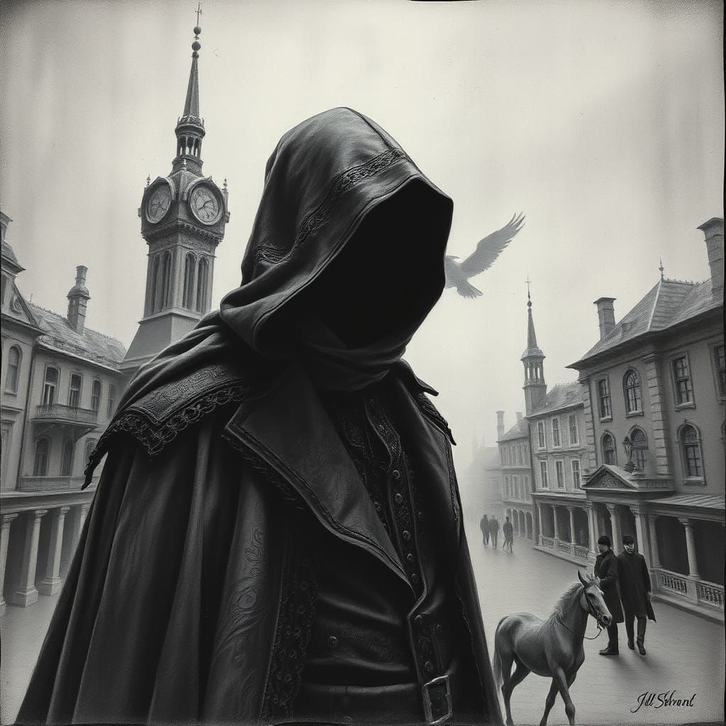 Mysterious Victorian Figure in Charcoal Rendering