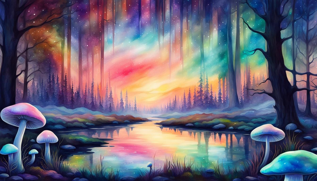 Holographic Mushrooms Reflected in Aurora Waters