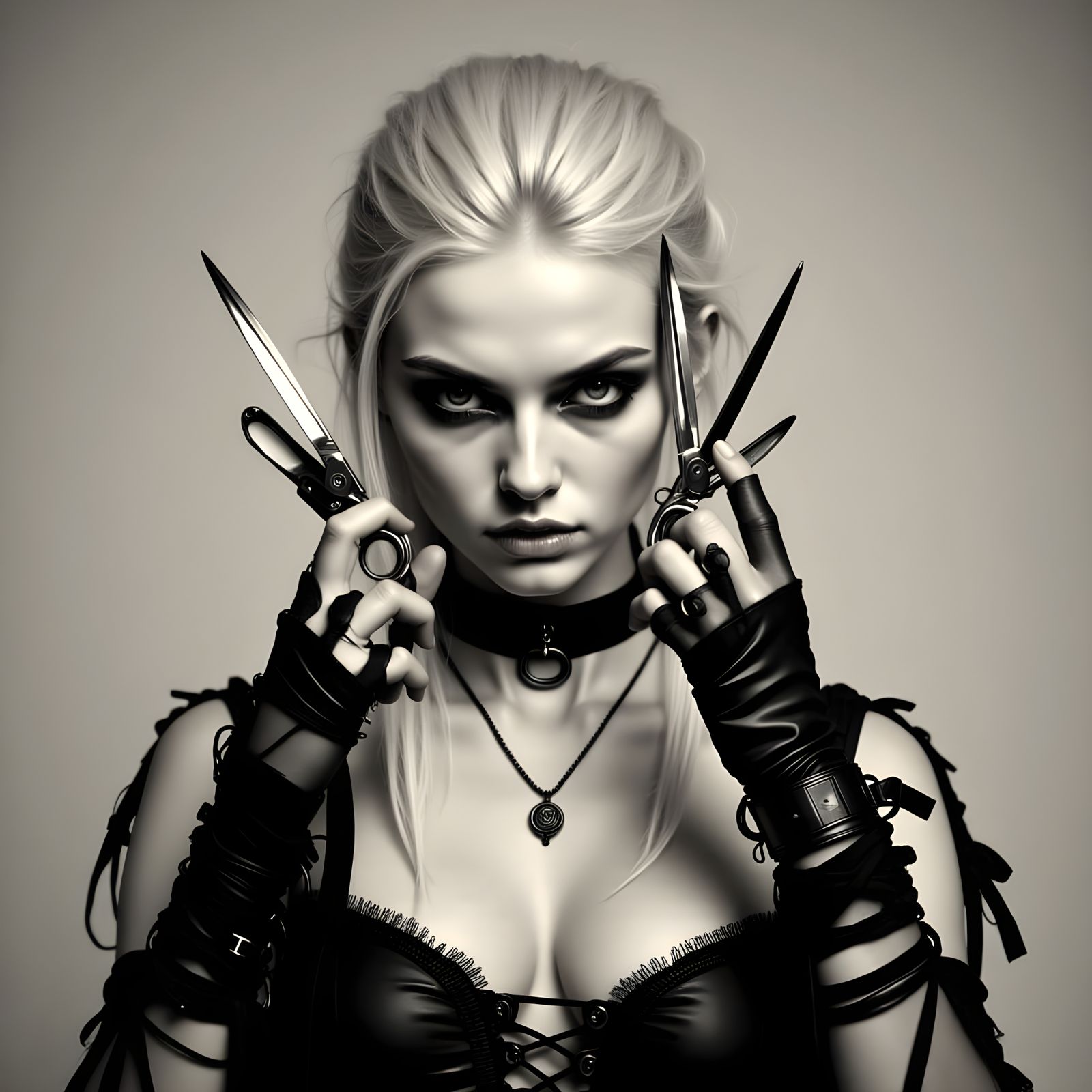 Dark Glitch Portrait of a Young Woman with Metallic Scissors