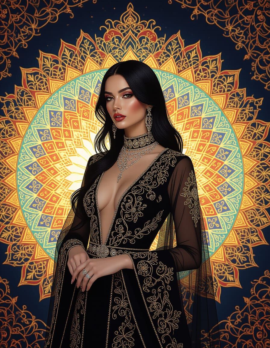 Model in Ornate Attire Against Kaleidoscopic Glitch Art