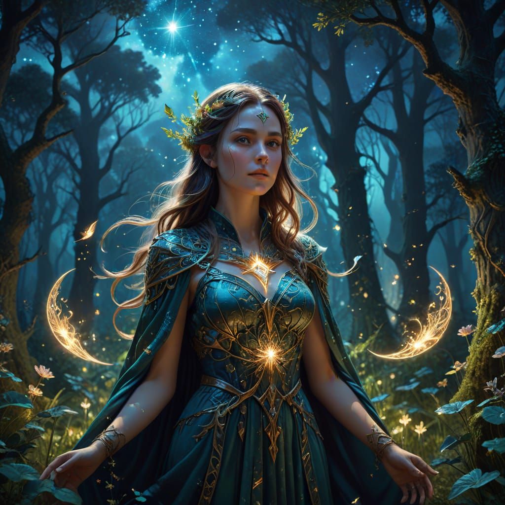 Surreal Enchantress in Glowing Forest Glade