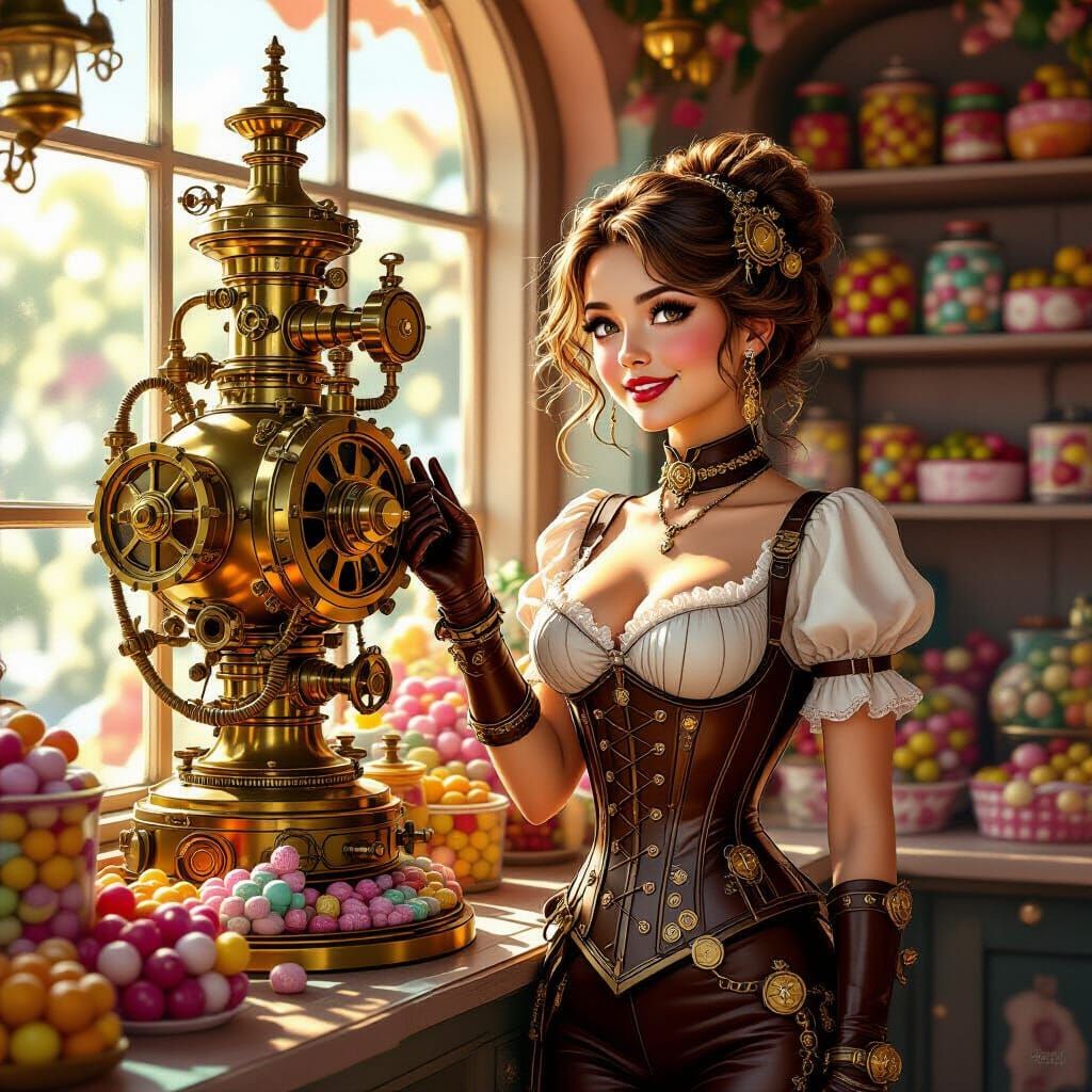 Steampunk Woman Admires Candy Store Engine