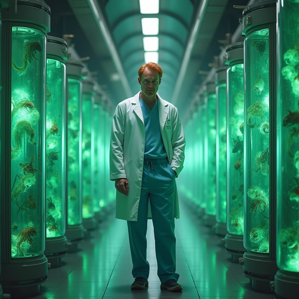 Hyper Realistic Lab Scene: Scientist with Eerie Creatures
