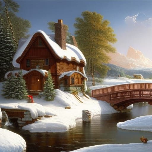 Winter Cottage Landscape Painting in Ultra Detail