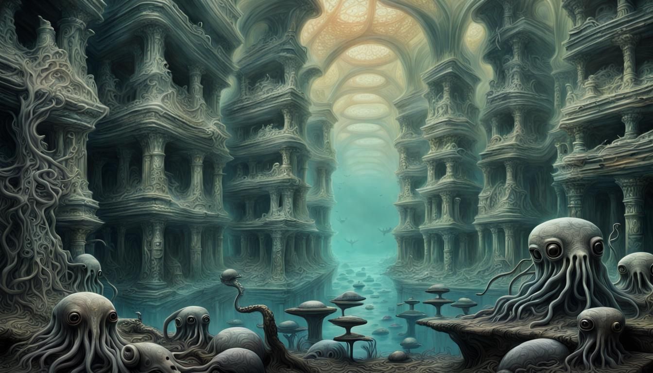 Hyperrealistic Sunken City with Alien Creatures