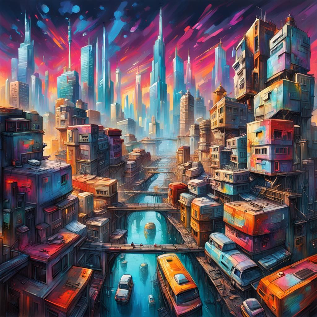 Futuristic Cityscape in Graffiti Splash Art Style