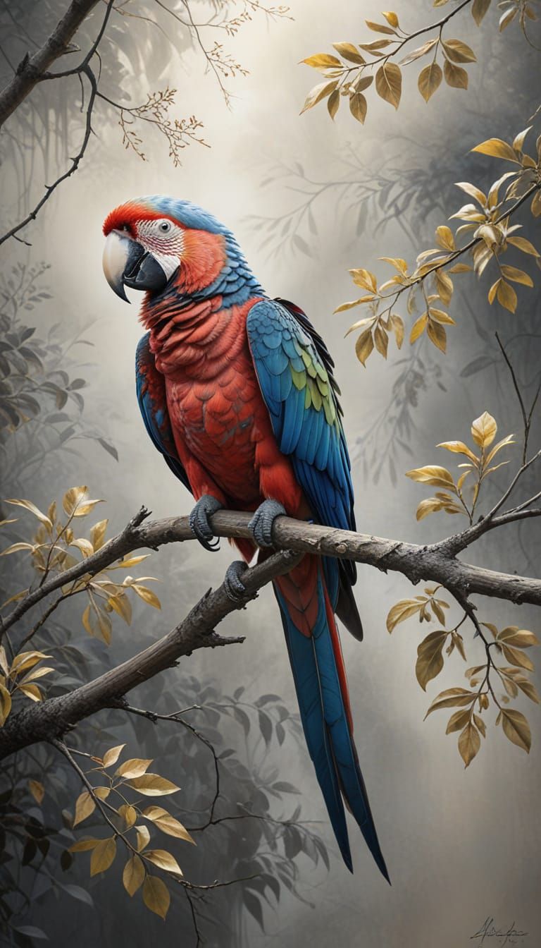 Dreamy Gray Parrot Pencil Drawing with Charcoal