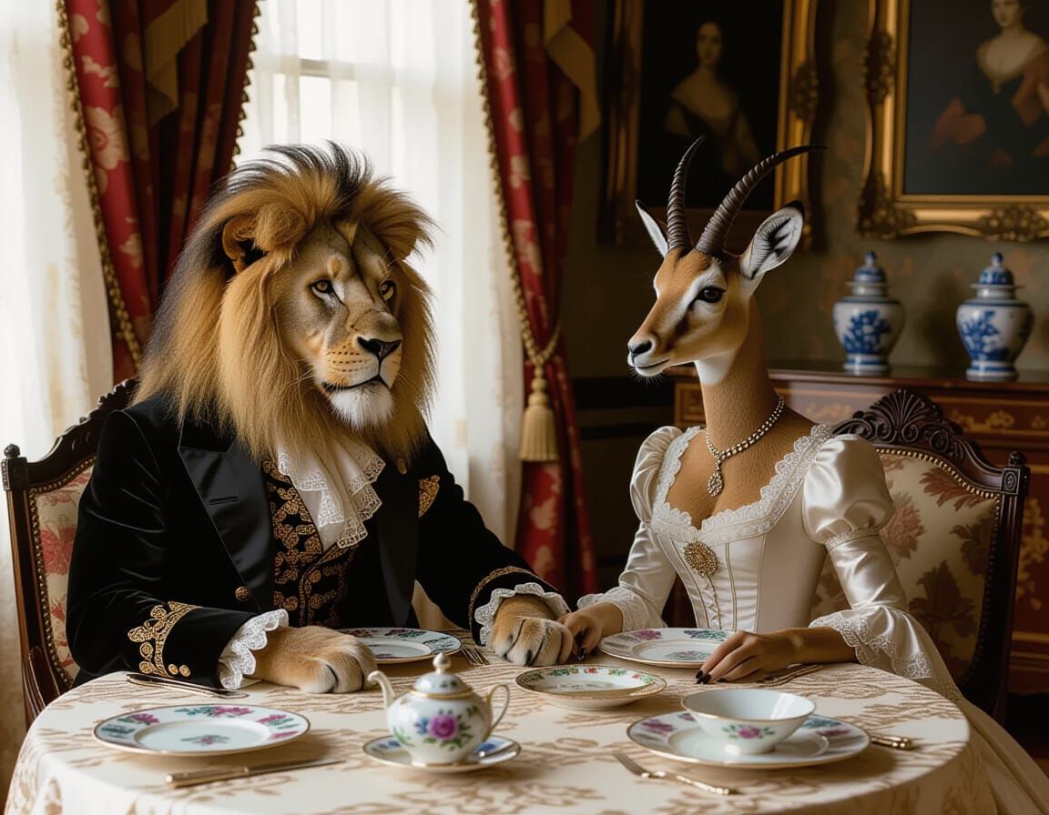 Victorian Lion and Gazelle Feast in Chiaroscuro Style