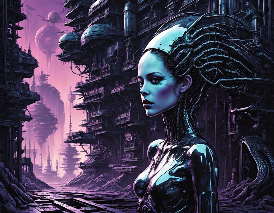 Damaged Android in Retro-Futuristic Cityscape