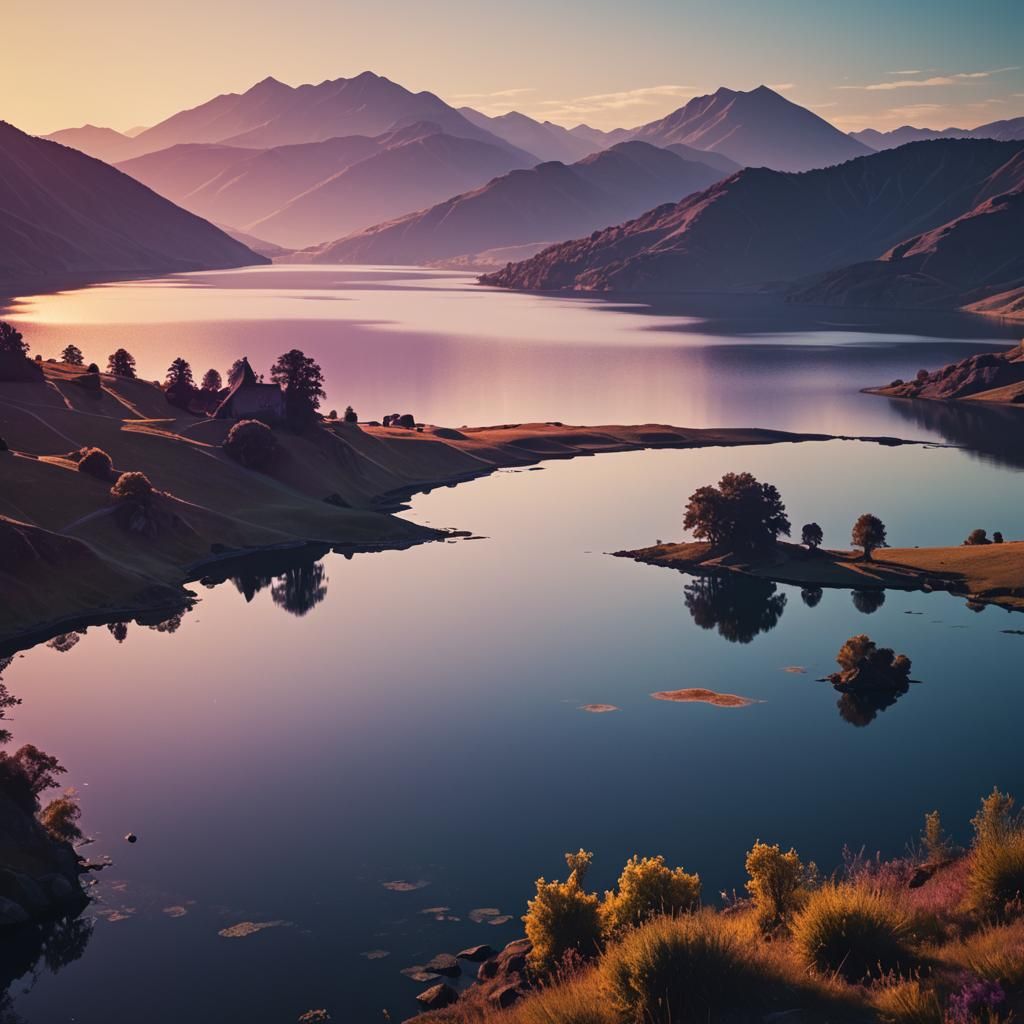 Cubist Fantasy Landscape in Golden Hour Light