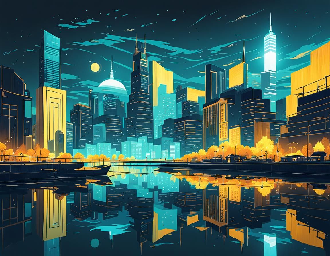 Reflective Cityscape in Post-Impressionistic Style