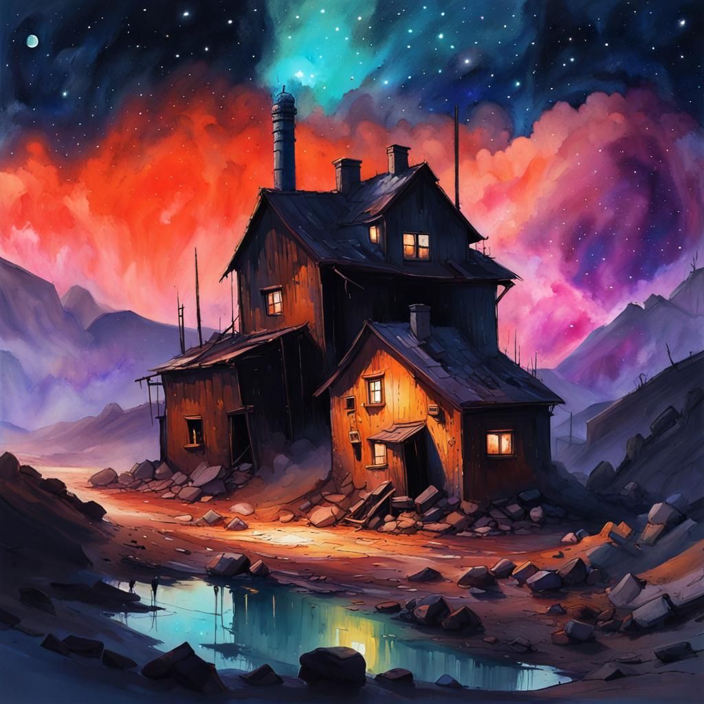Enchanted Mine Village Under Nebula Sky