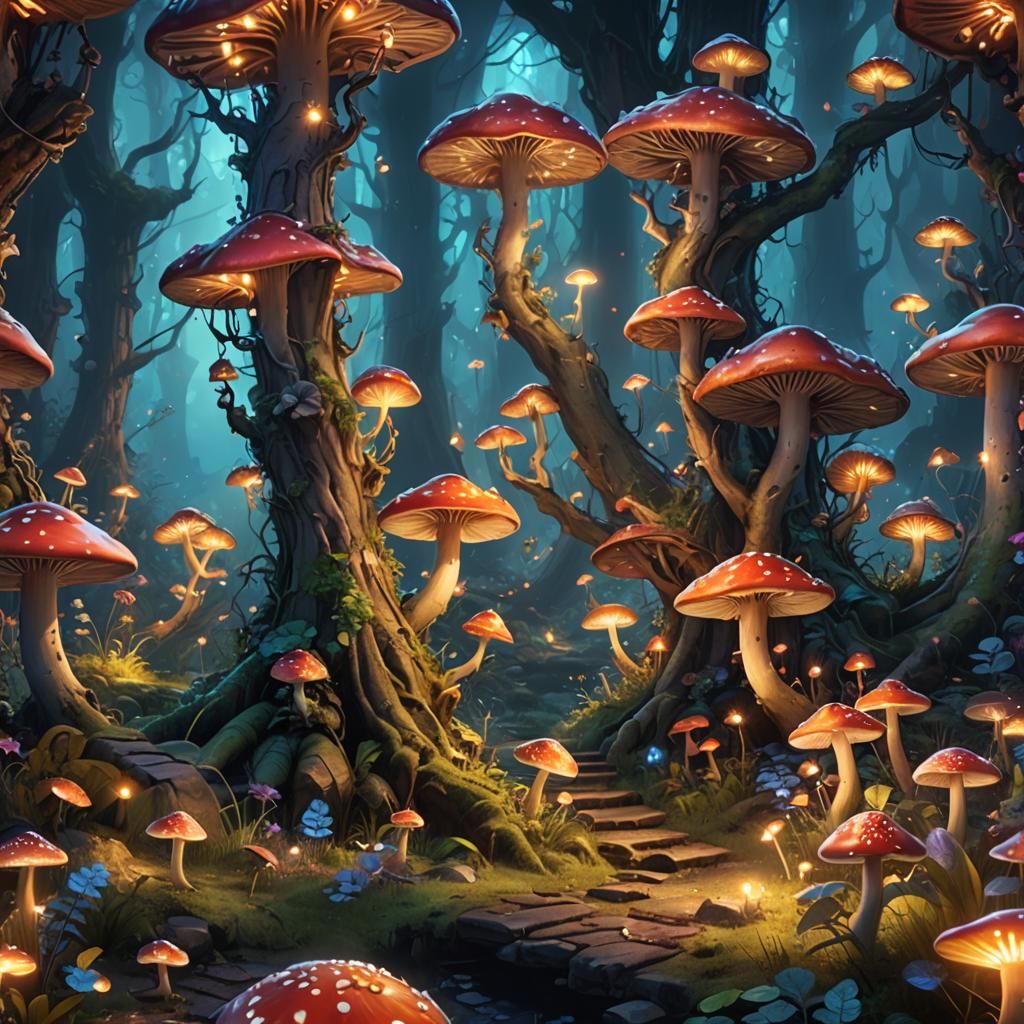 Enchanted Forest with Glowing Mushrooms: Fantasy Concept Art