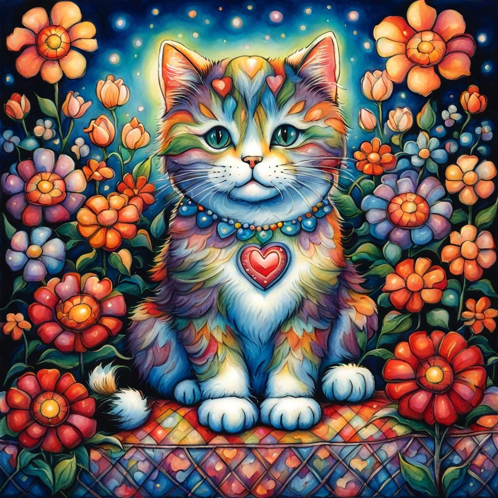 Cat Surrounded by Flowers and Lights