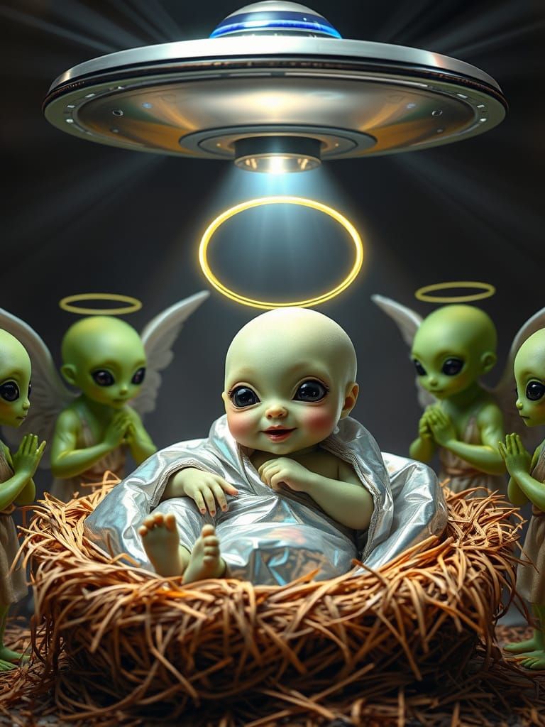 Cyber Renaissance Nativity Scene: Alien Infant Surrounded by...