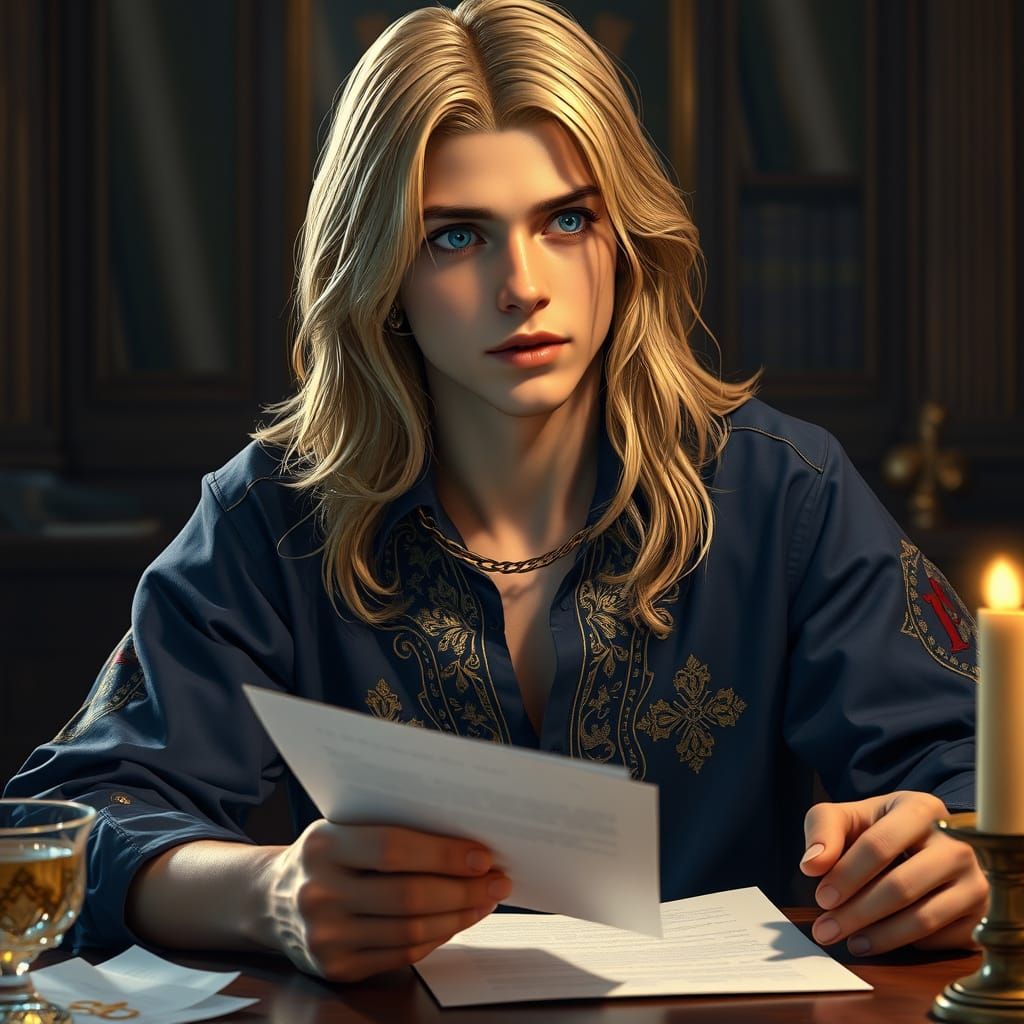 Blond Man Reading Letter in Ornate Art Style