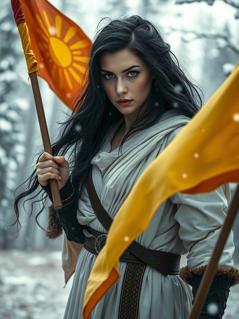 Woman Warrior in Winter Forest, Hyperrealistic Digital Art