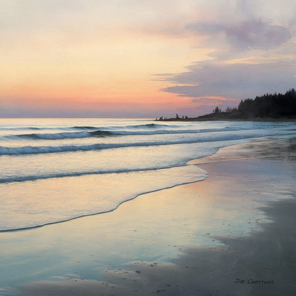 Twilight Beach Scene in Watercolor Style