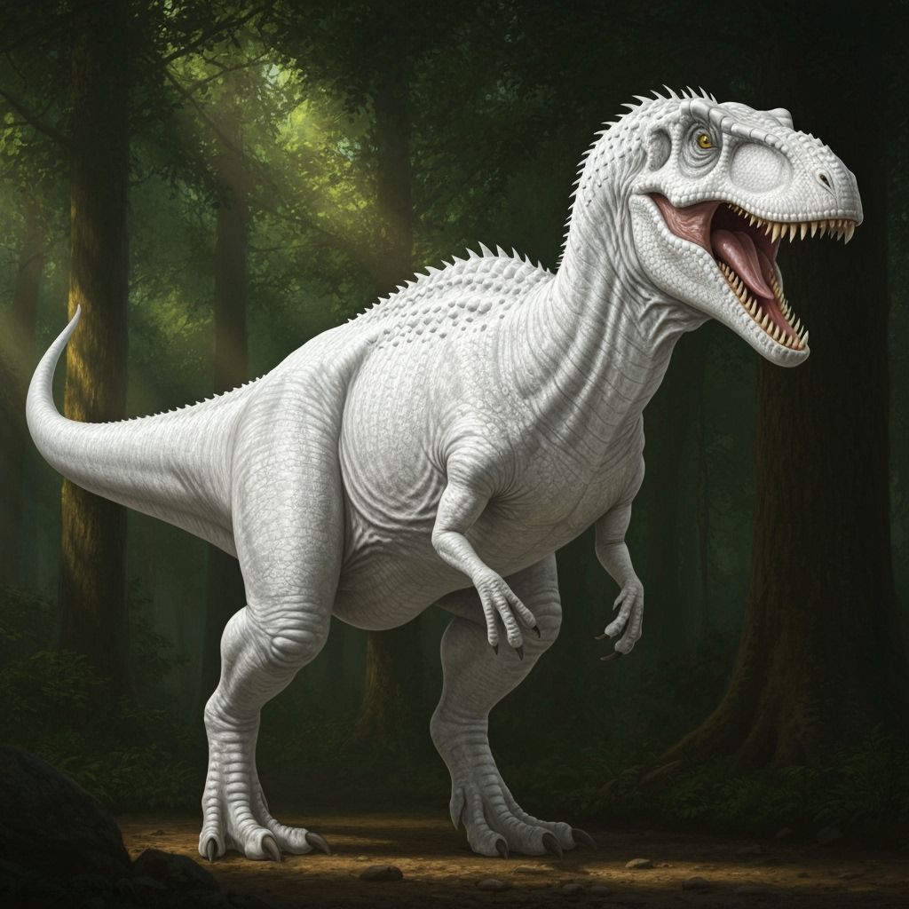 Fearsome White Theropod Dinosaur Roaring in Forest