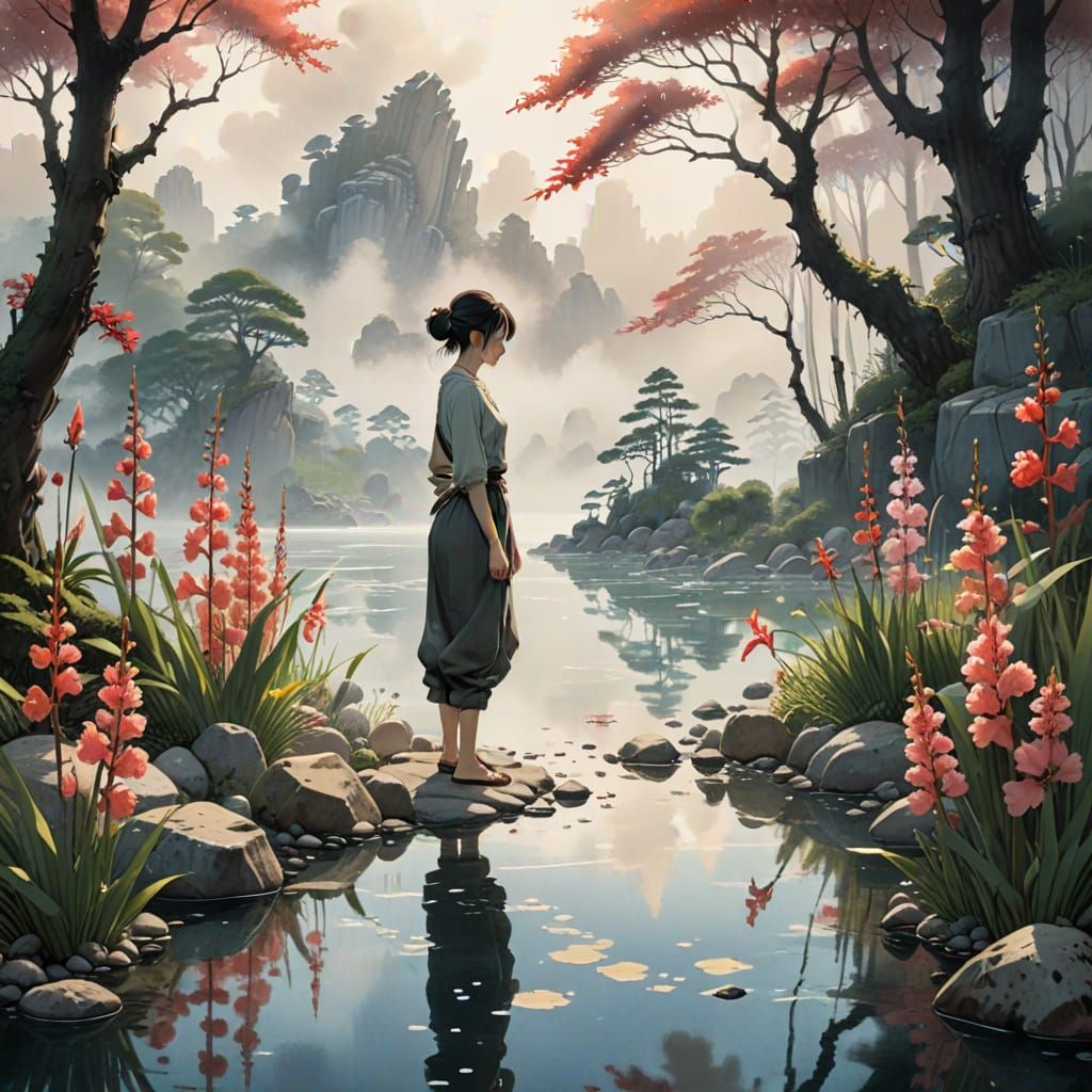 Pebble Girl Building Flower Sculpture