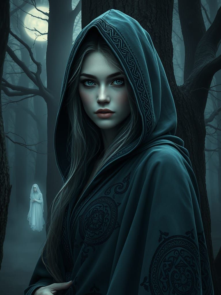 Mysterious Woman in Moonlit Forest