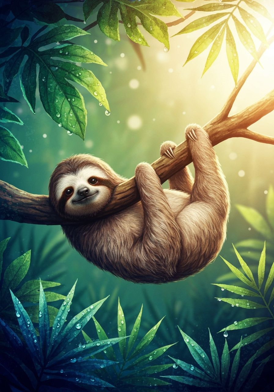 Adorable Sloth in Lush Jungle, Watercolor Double Exposure