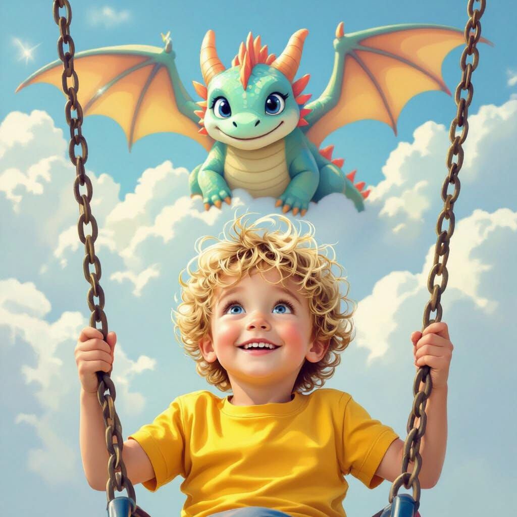 Boy on Swing Meets Adorable Pastel Dragon in Dreamy Sky