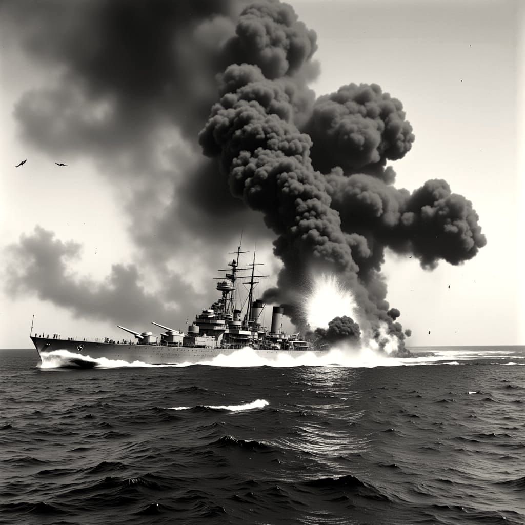 Vintage Watercolor Battleship Sinks in Turbulent WWII Ocean