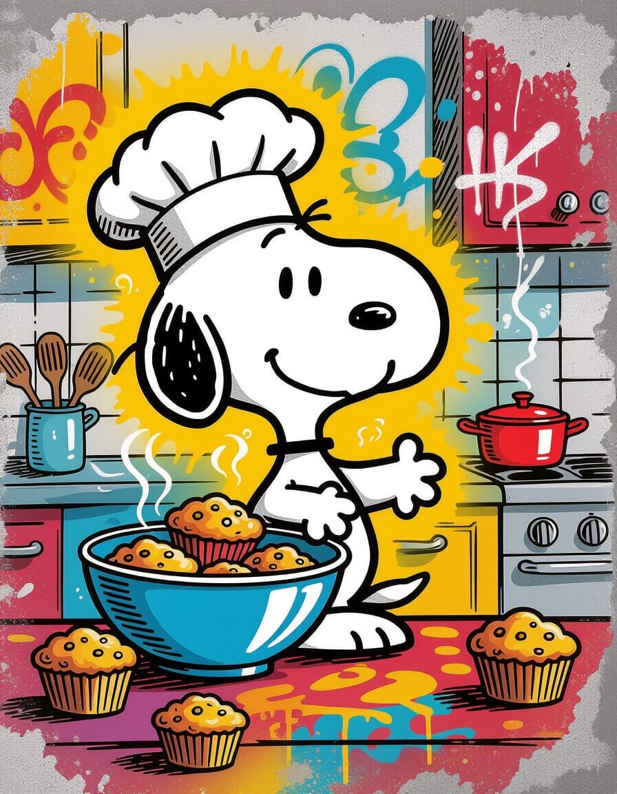 Snoopy Baking Muffins in Detailed Disney Style Kitchen