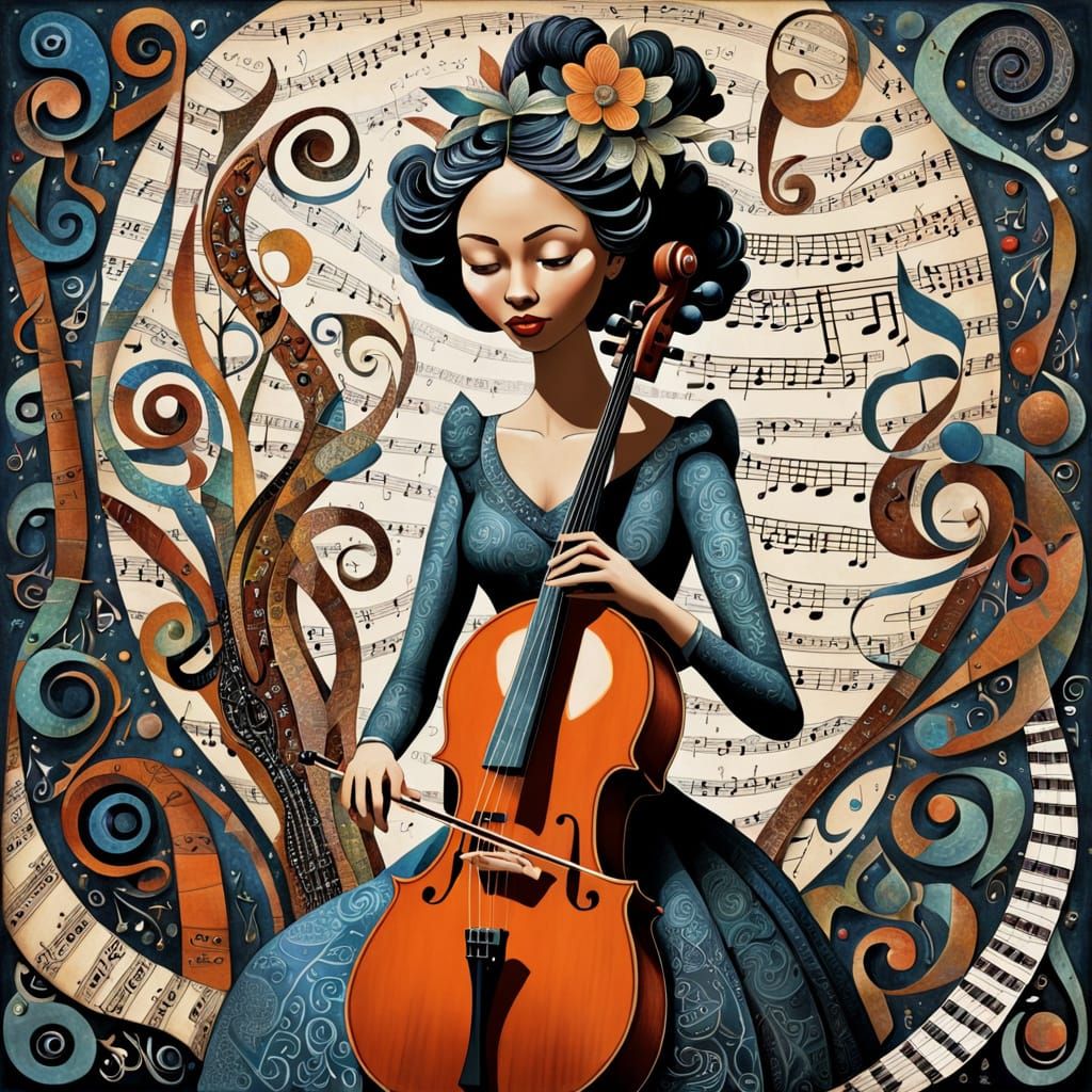Girl Playing Cello in Visionary Art Style