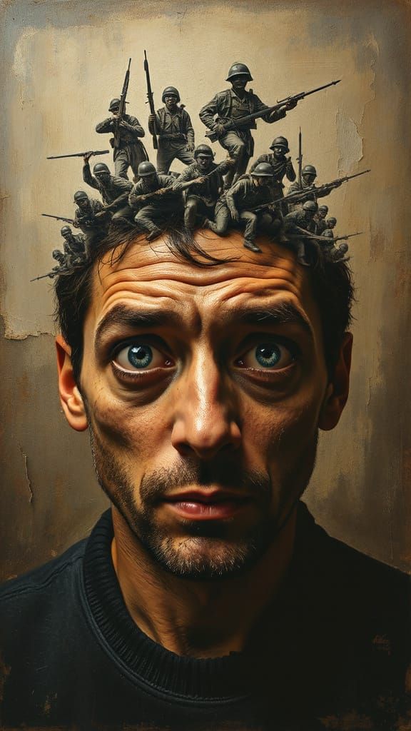 Anguished Man Portrait with War Imagery in Mixed Media