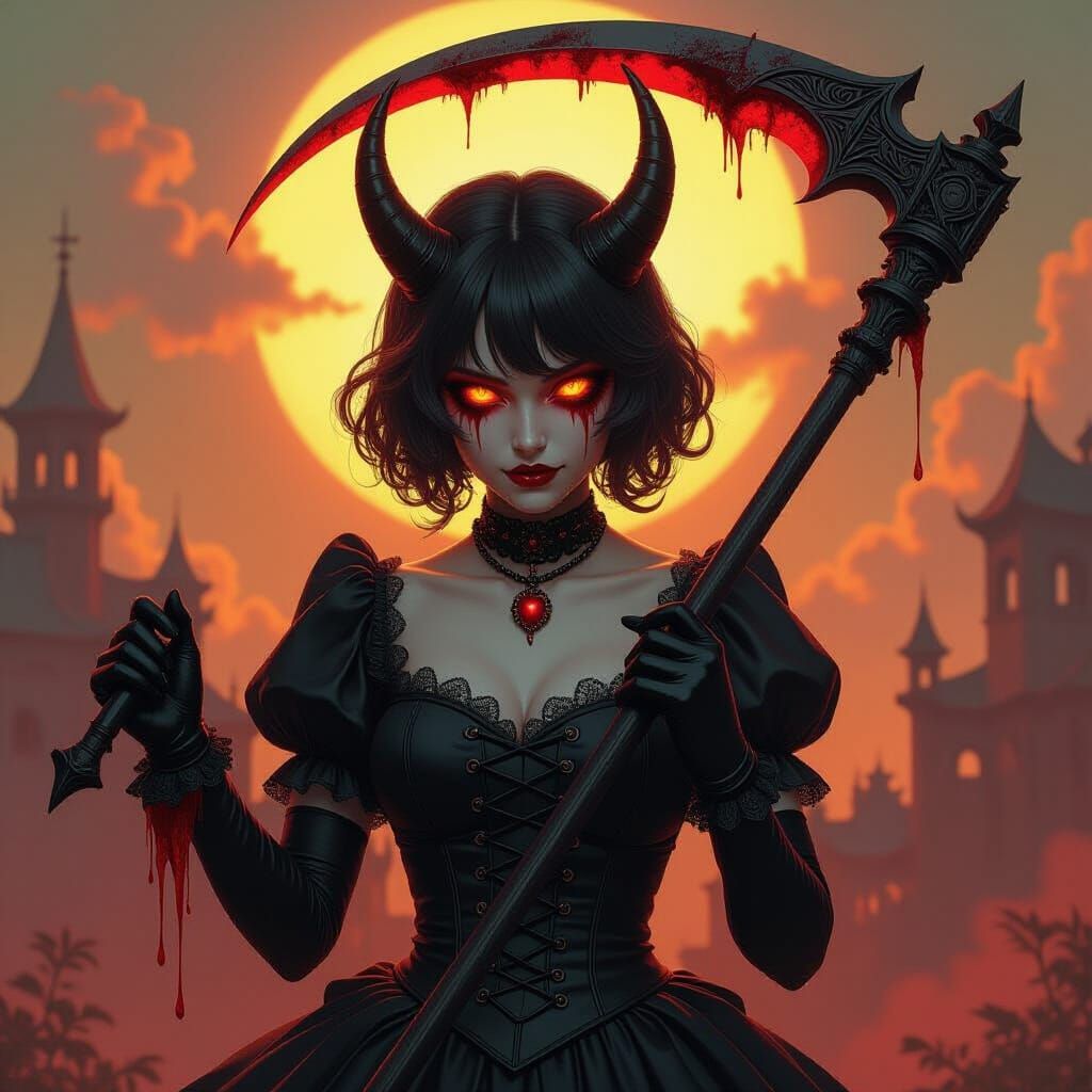 Demonic Strawberry Shortcake with Scythe in Hellscape