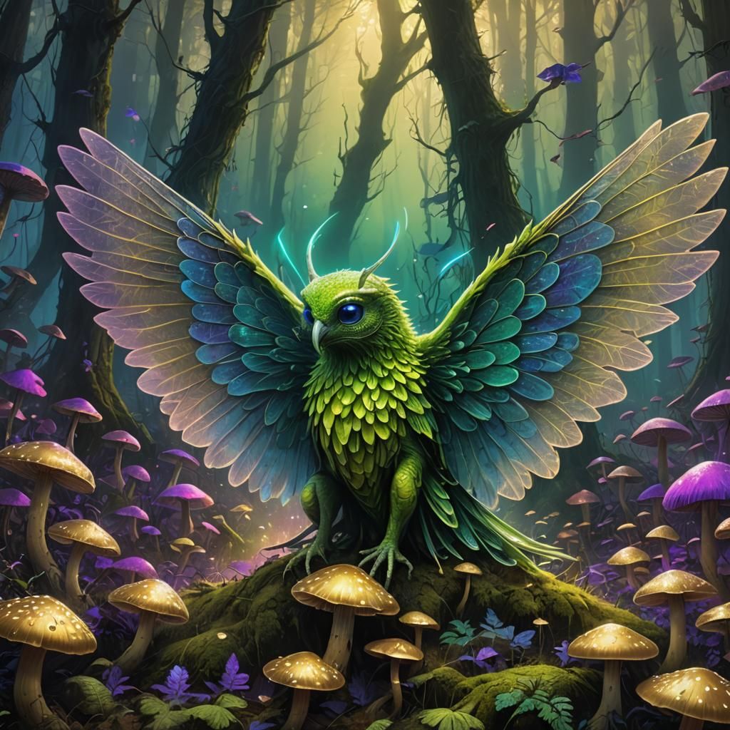 Winged Muxi in Mystical Forest, Beksiński Style