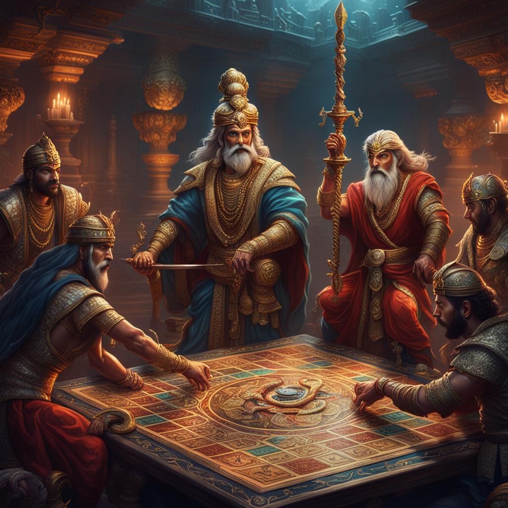 Vedic Gods Play Board Game with Snakes: Digital Painting