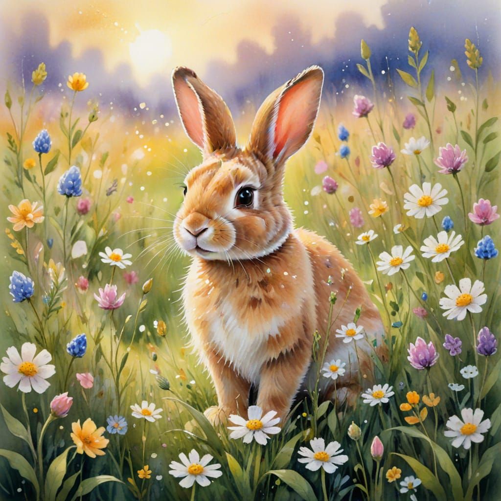 Bunny in Flower Meadow Watercolor Painting