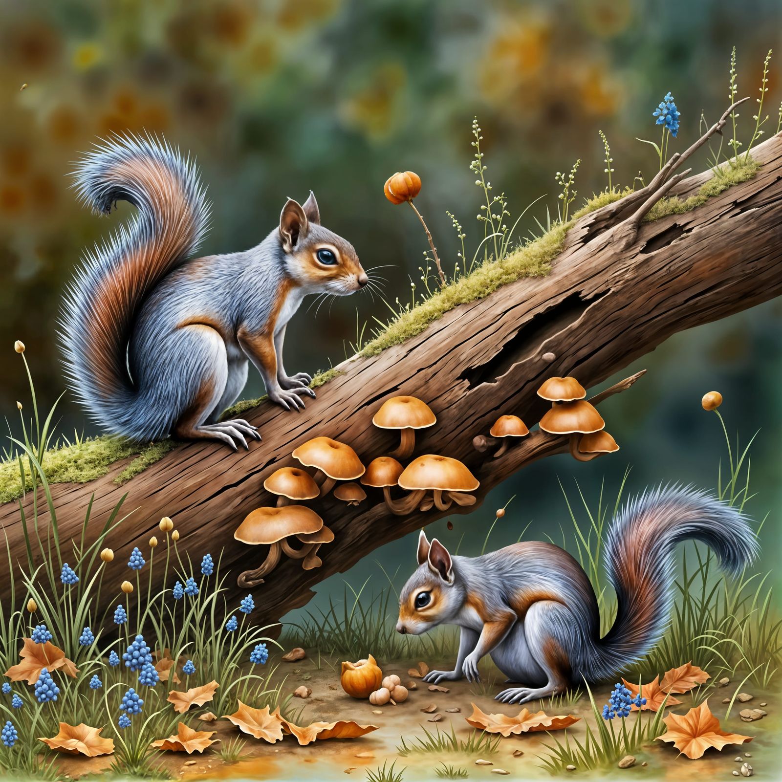 Two Squirrels Foraging for Acorns and Mushrooms in Forest