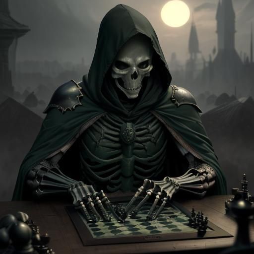 Skeleton Checkers Game on Gloomy Battlefield