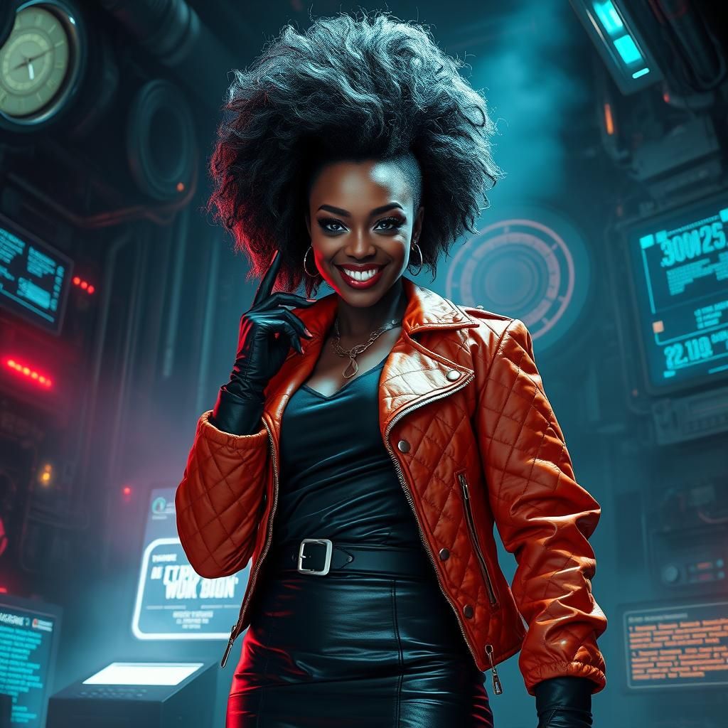 Futuristic Cyber-Sorceress in Dimly Lit Cyberpunk Lair