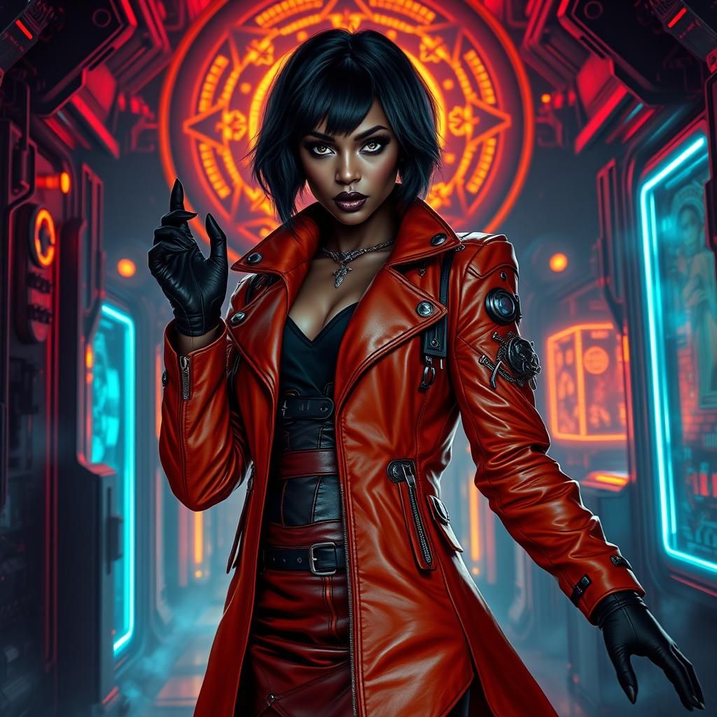 Cyber Sorceress in Alchemist's Lair, in Cyberpunk Style