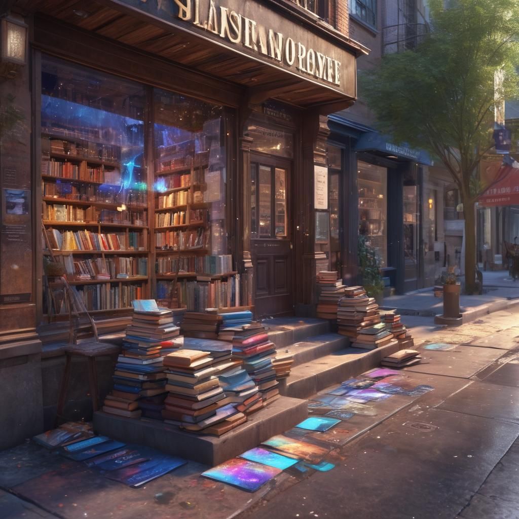 Whimsical Bookstore Awaits with Open Sign and Stacked Volume...