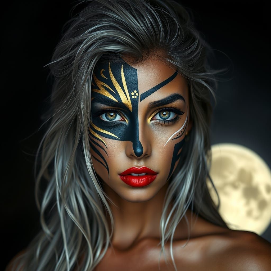 Hyperrealistic Portrait of a Woman with Tribal Face Paint