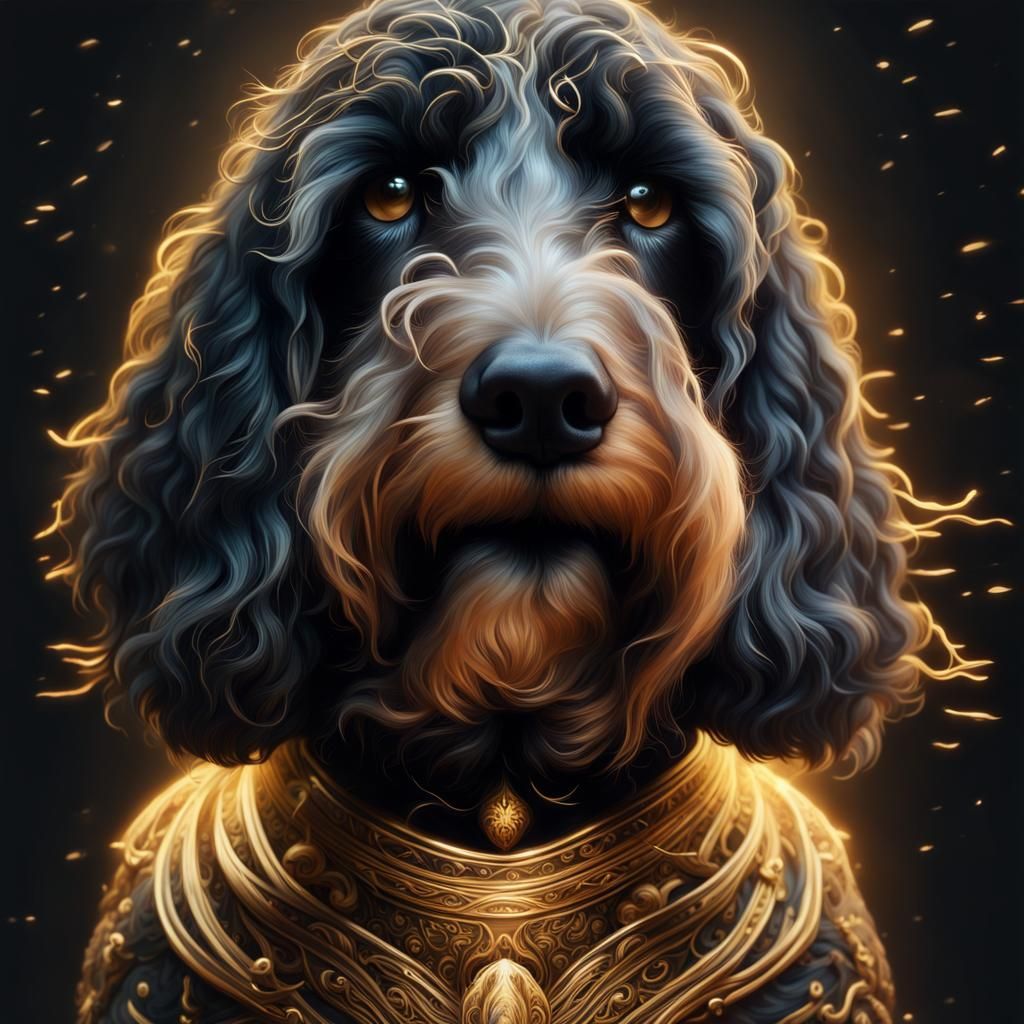 Black Goldendoodle with Golden Wisps: Digital Art