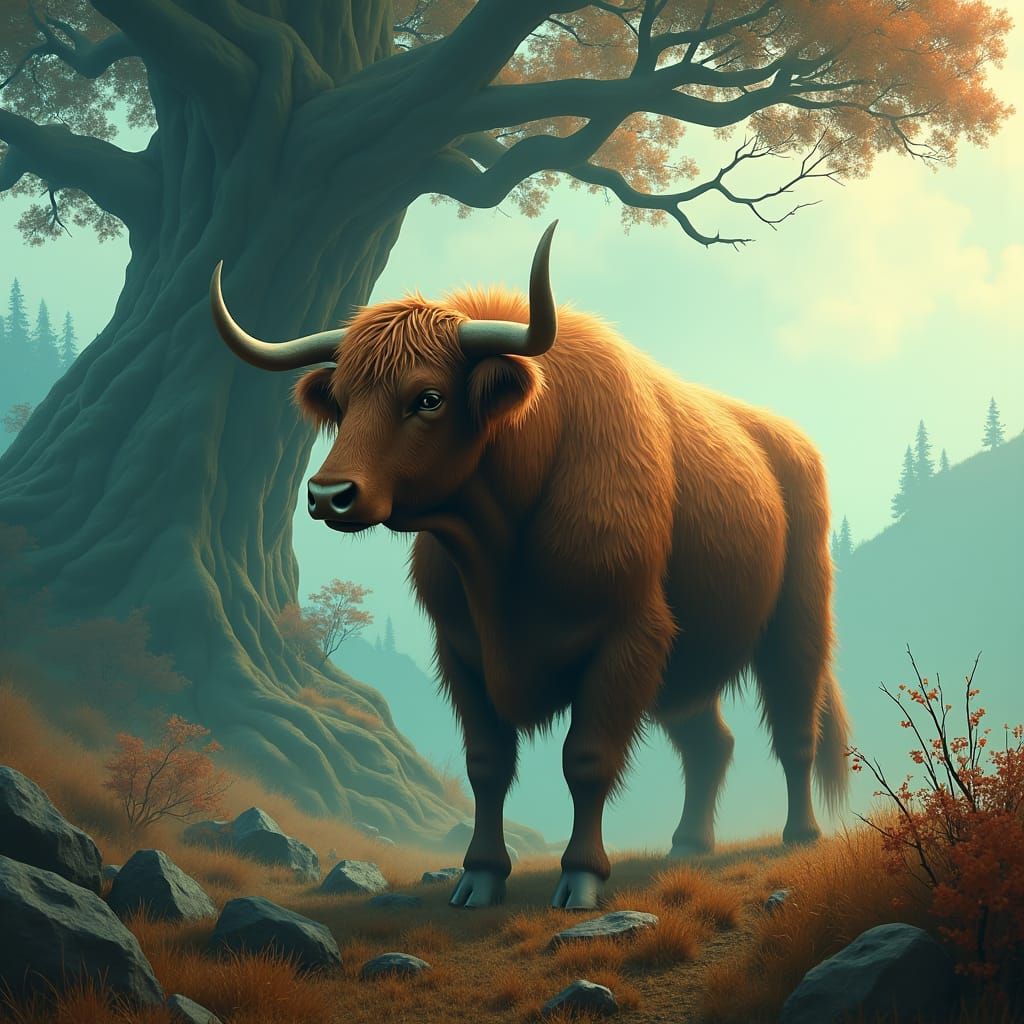 Majestic Cow in Mystical Landscape, High-Resolution Digital ...