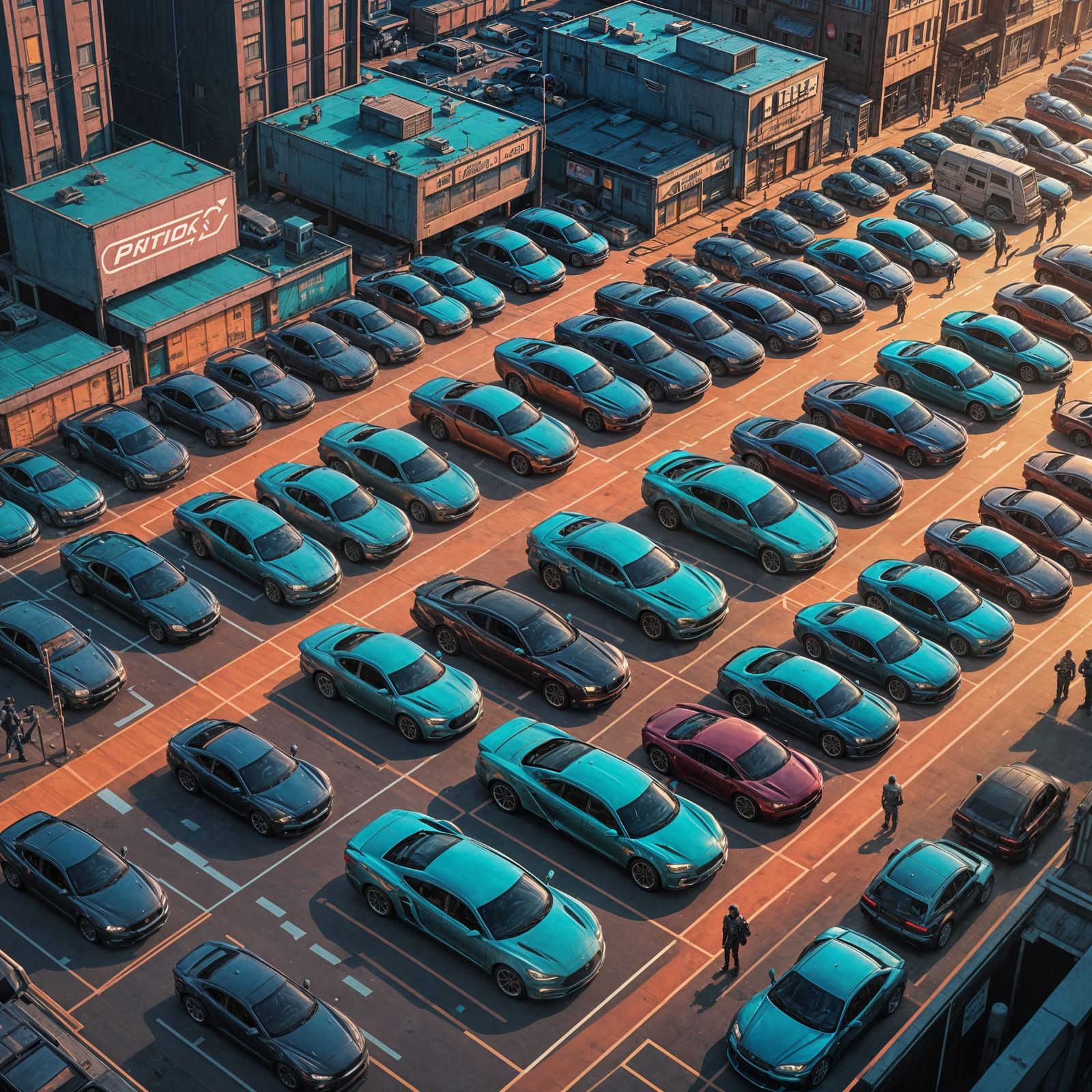 Cyberpunk Parking Lot at Sunset in Comic Book Style
