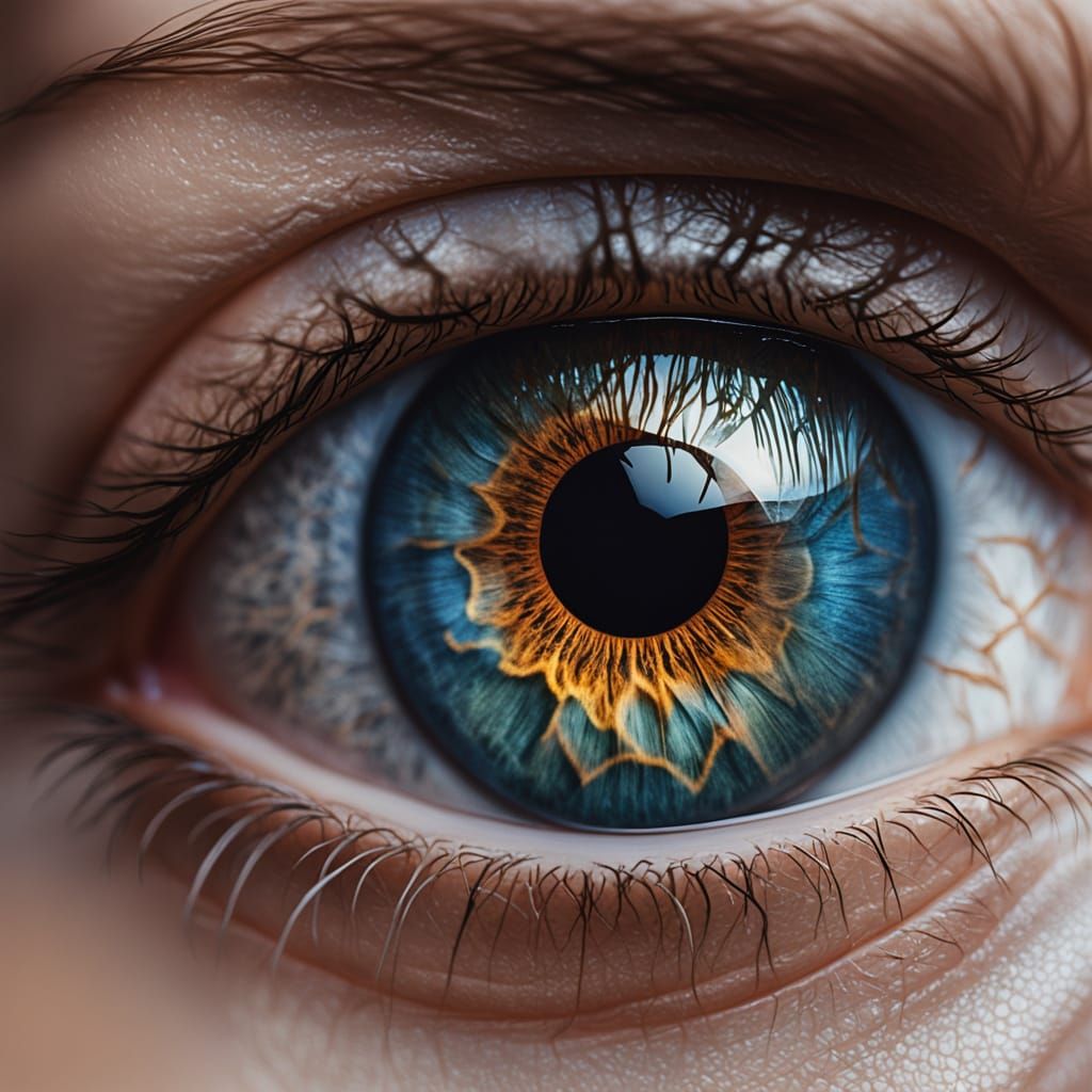 Hyperrealistic Close-up of Human Eyes in Glassy Reflection
