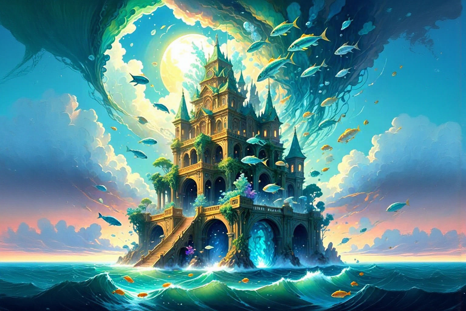 Crystalline Structure Above Otherworldly Ocean with Luminous...